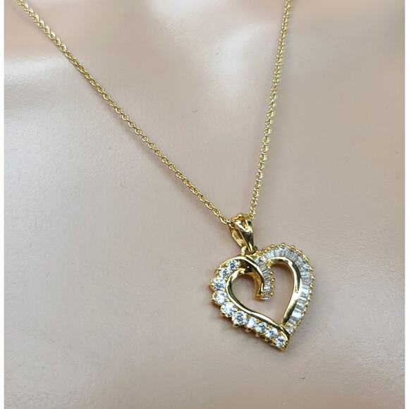 Round and Baguette Cut CZs Vermeil Gold Tone Heart Pendant & 17.5" Link Chain - Picture 1 of 9